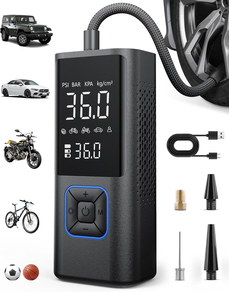 Powools Cordless Tire Inflator Portable Air Compressor - 150PSI Air Pump with Auto Shutoff Function for Car Tires, Inflatables, Motorcycle, Balls, Compact Bike Tire Pump with LED Light, Blue, Large - Image 1